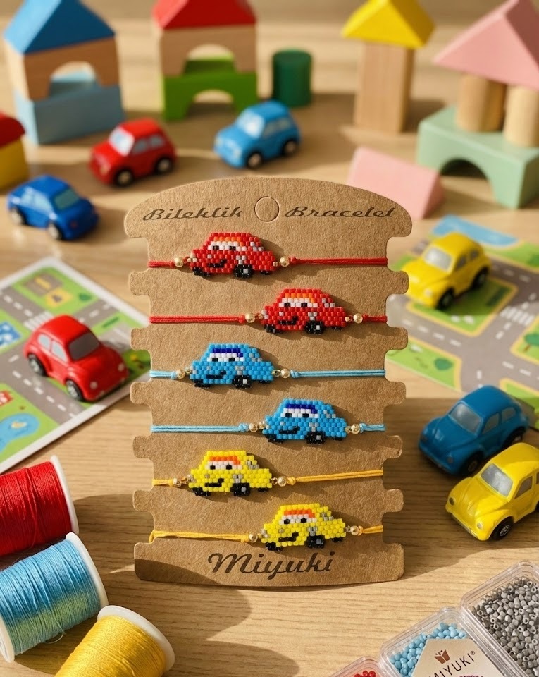 Toptan Miyuki Çocuk Bileklik – Oyuncak Araba Tasarım (6’lı Kart)