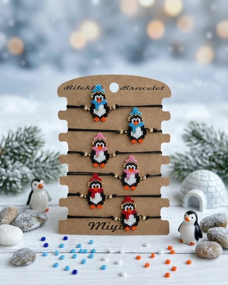 Toptan Miyuki Çocuk Bileklik – Renkli Penguenler Tasarım (6’lı Kart)