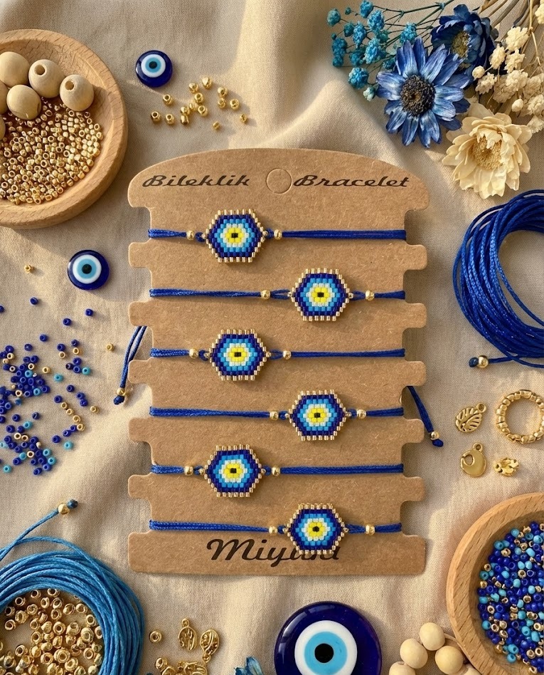 Toptan Miyuki Bileklik – Nazar Altıgen Tasarım (6’lı Kart)