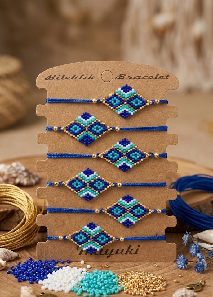Toptan Miyuki Bileklik – Nazar Baklava Tasarım (6’lı Kart)
