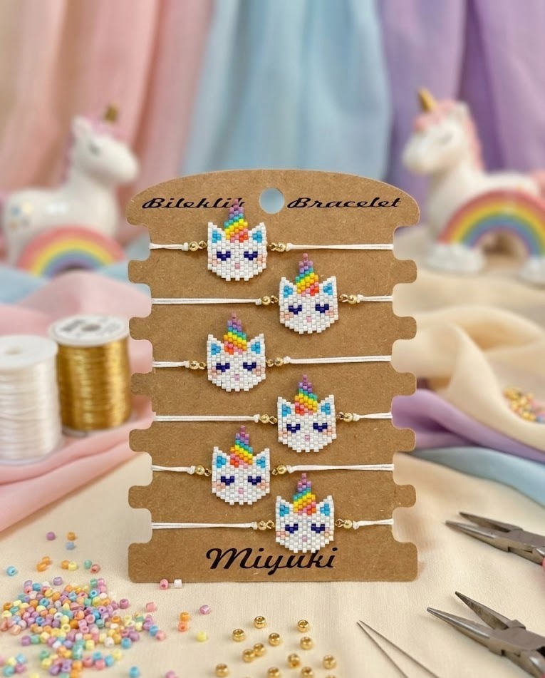 Toptan Miyuki Çocuk Bileklik – Tek Boynuzlu Kedi Tasarım (6’lı Kart)
